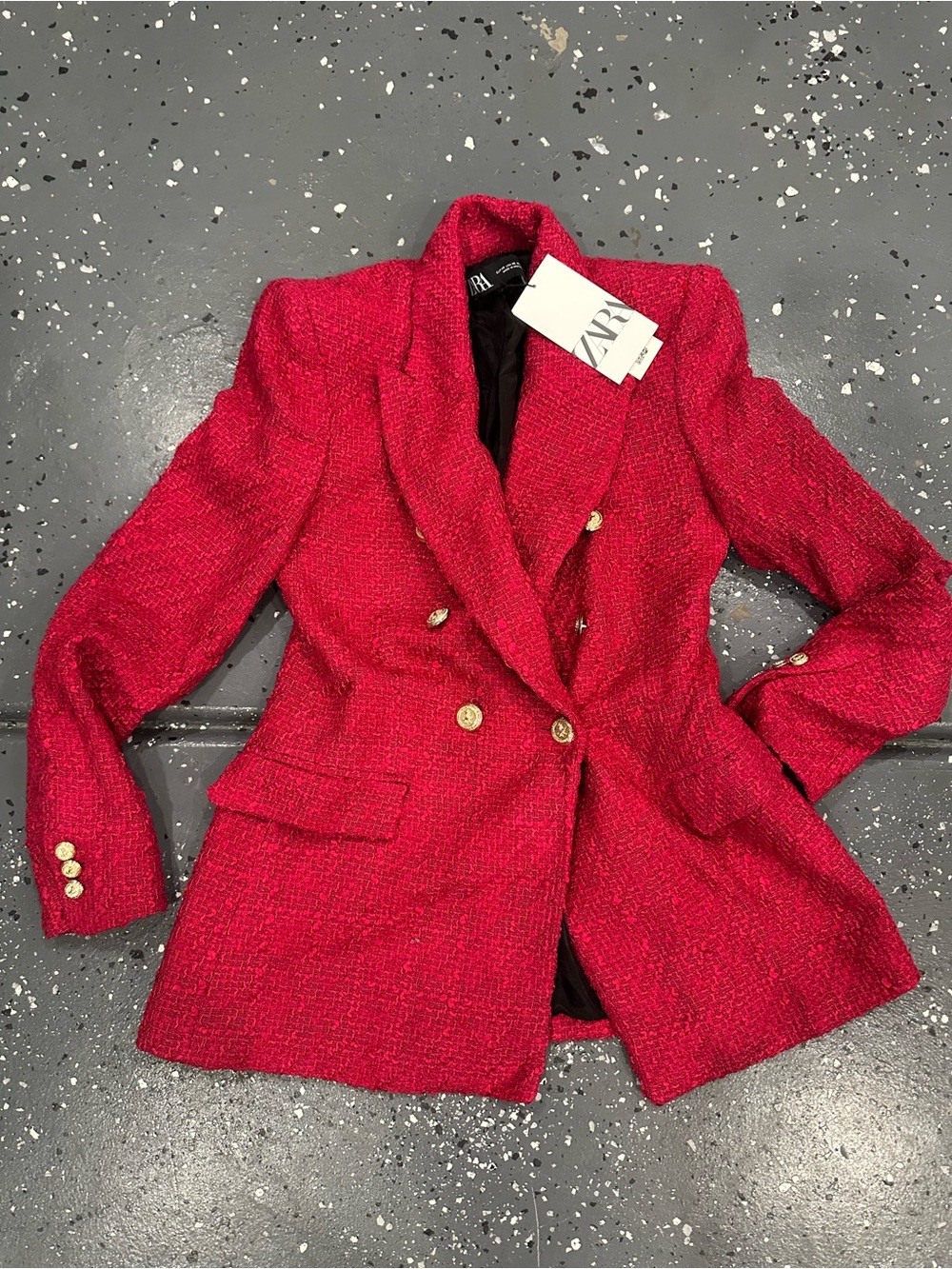 Zara hot pink Tweed Double-Breasted Blazer with Gold Buttons